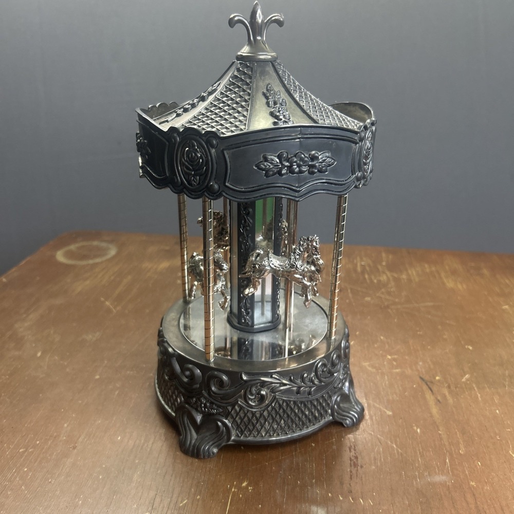 VTG Wallace Silversmiths Ornate Silver Plated Musical Music Box Carousel WORKING